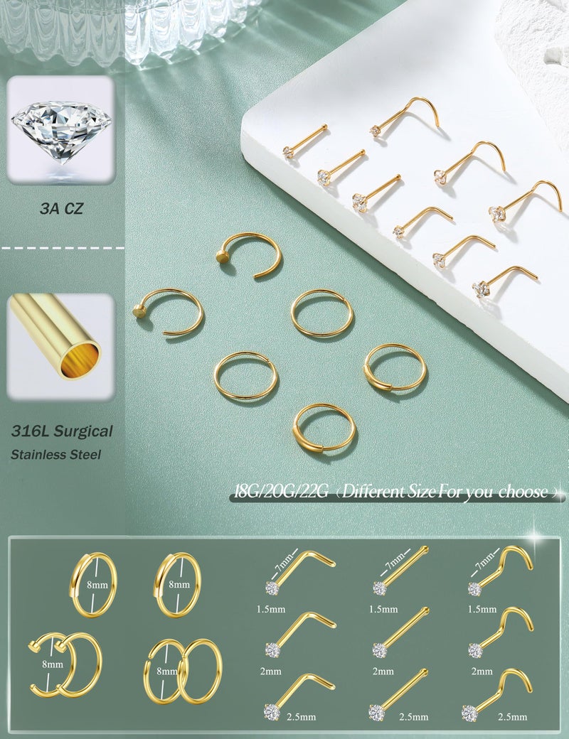 FINREZIO Surgical Steel Nose Ring Studs Gold Nose Studs Hoop Noses Ring for Women Hypoallergenic 18G 20G 22G Noses Rings Stud Nose Piercing Jewelry - Image 2